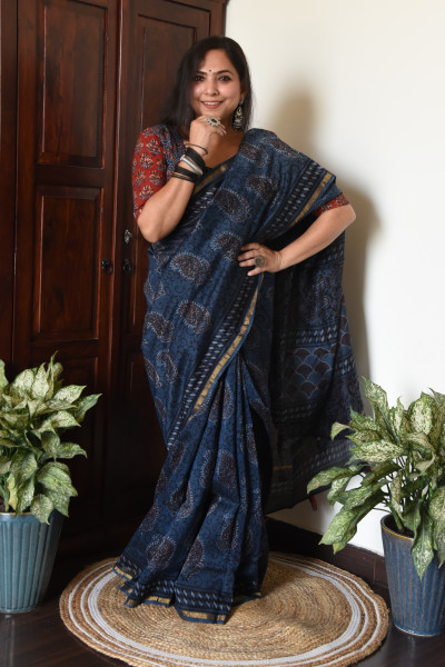 DARK INDIGO COTTON SILK SAREE