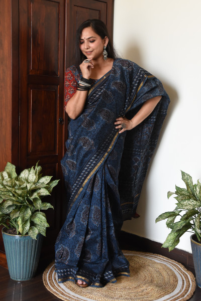 DARK INDIGO COTTON SILK SAREE