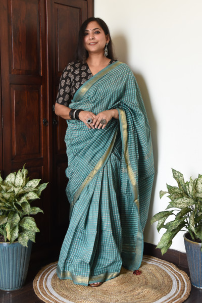AQUA BLUE CHECK COTTON SILK SAREE
