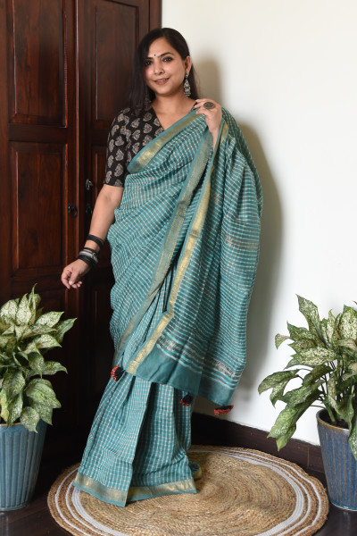 AQUA BLUE CHECK COTTON SILK SAREE
