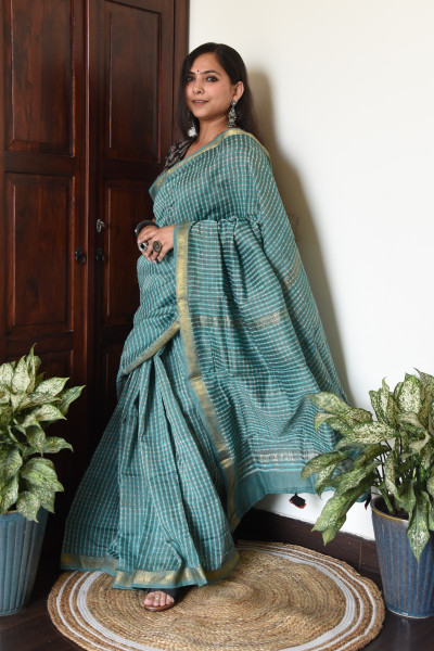 AQUA BLUE CHECK COTTON SILK SAREE