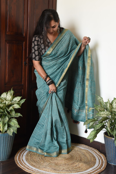 AQUA BLUE CHECK COTTON SILK SAREE
