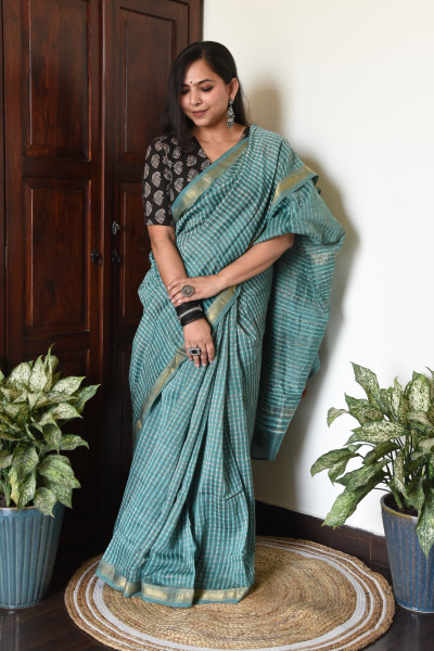 AQUA BLUE CHECK COTTON SILK SAREE