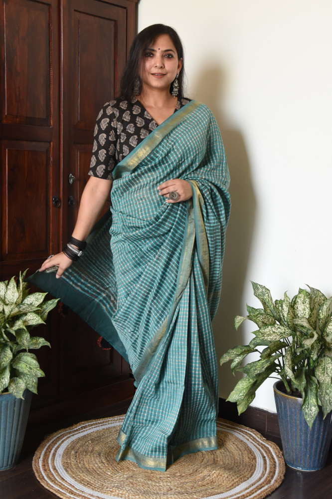 Image of AQUA BLUE CHECK COTTON SILK SAREE