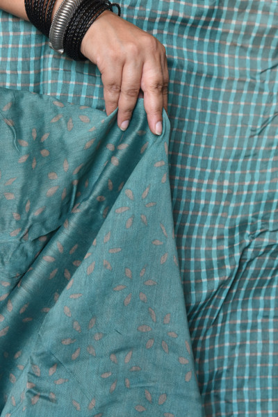 AQUA BLUE CHECK COTTON SILK SAREE