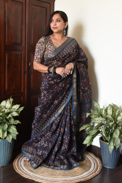 DARK FLORAL BLUE BROWN COTTON SILK SAREE
