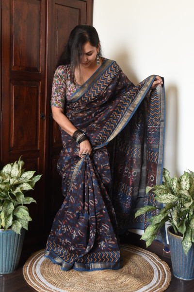 DARK FLORAL BLUE BROWN COTTON SILK SAREE