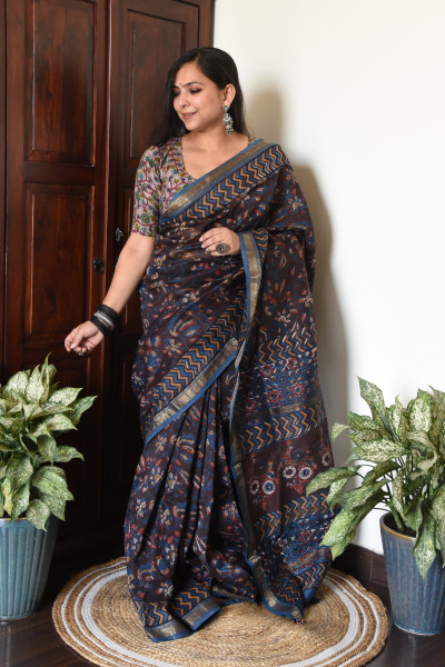 DARK FLORAL BLUE BROWN COTTON SILK SAREE