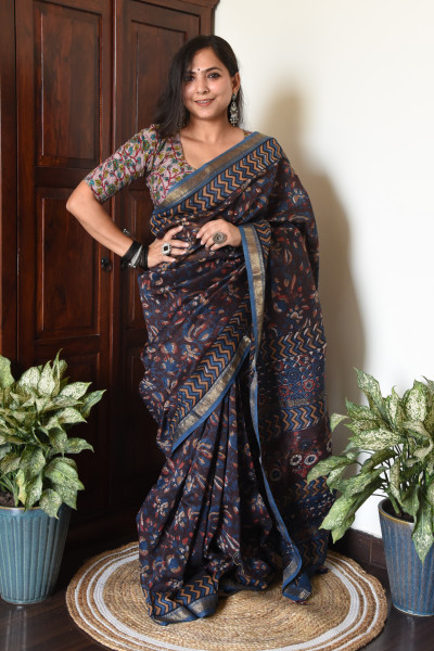 DARK FLORAL BLUE BROWN COTTON SILK SAREE