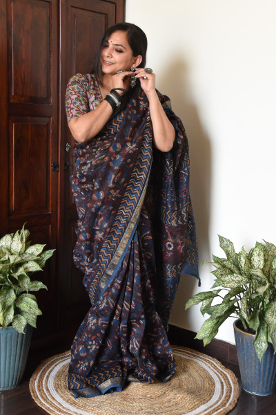 DARK FLORAL BLUE BROWN COTTON SILK SAREE