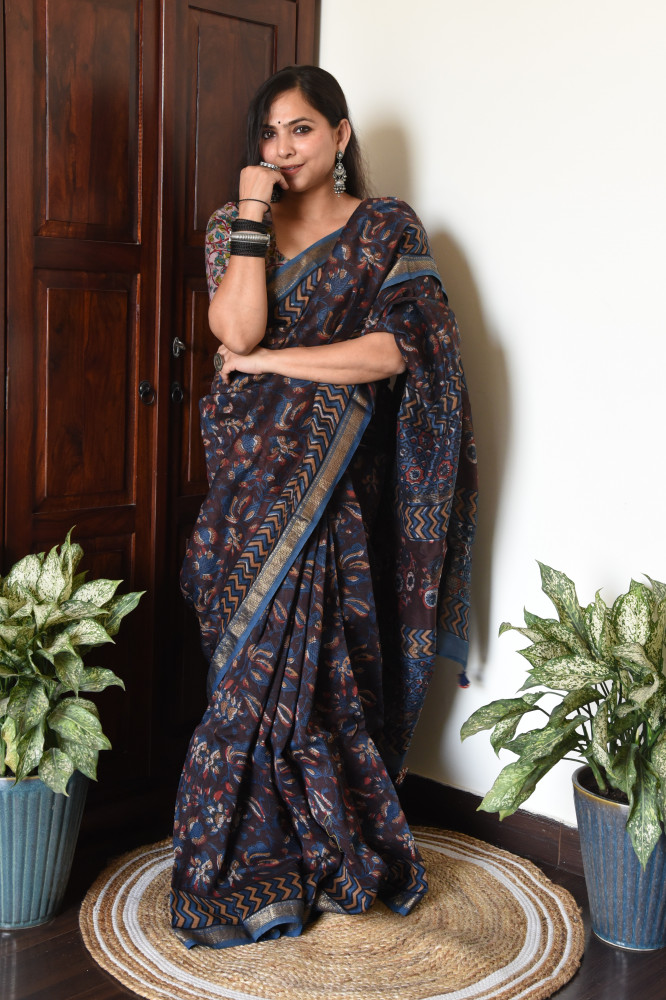 Image of DARK FLORAL BLUE BROWN COTTON SILK SAREE