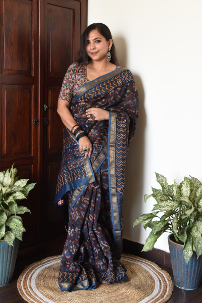 DARK FLORAL BLUE BROWN COTTON SILK SAREE