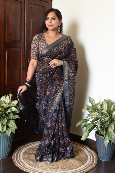 DARK FLORAL BLUE BROWN COTTON SILK SAREE