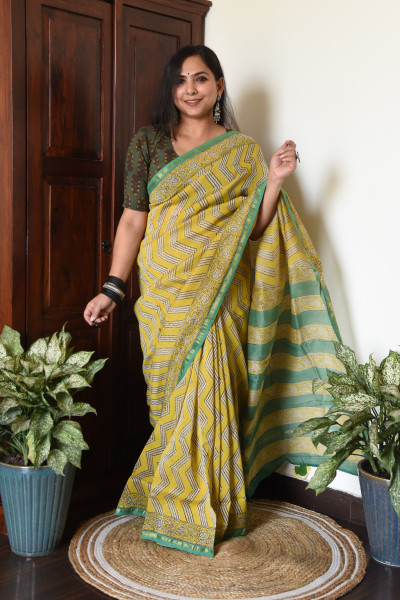 YELLOW GREEN COTTON SILK SAREE