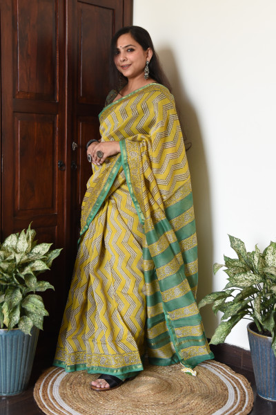 YELLOW GREEN COTTON SILK SAREE