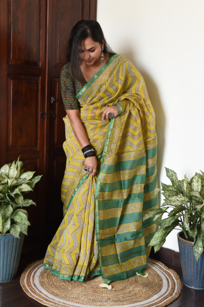YELLOW GREEN COTTON SILK SAREE