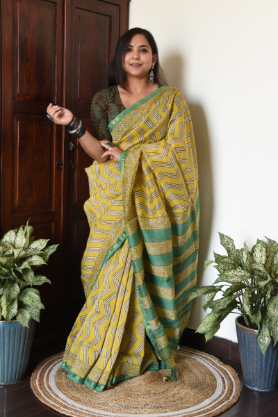 YELLOW GREEN COTTON SILK SAREE