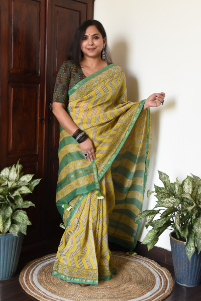YELLOW GREEN COTTON SILK SAREE