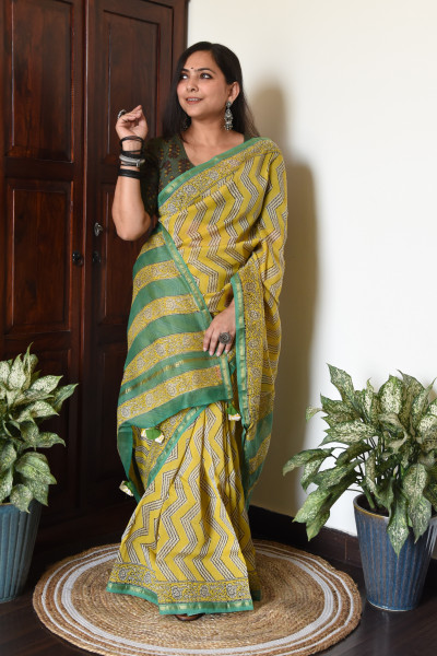YELLOW GREEN COTTON SILK SAREE