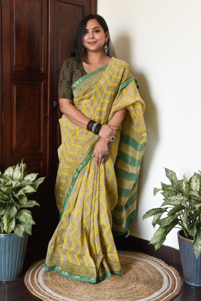 YELLOW GREEN COTTON SILK SAREE