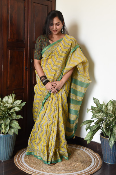 YELLOW GREEN COTTON SILK SAREE