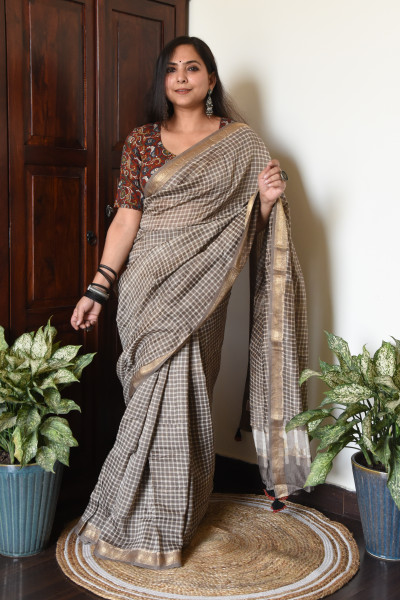 WARM GREY CHECK COTTON SILK SAREE