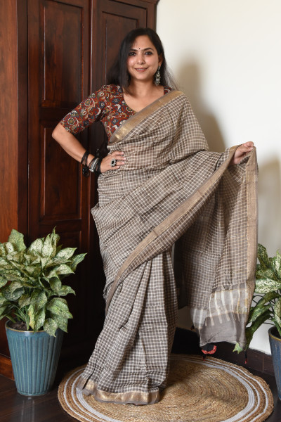 WARM GREY CHECK COTTON SILK SAREE