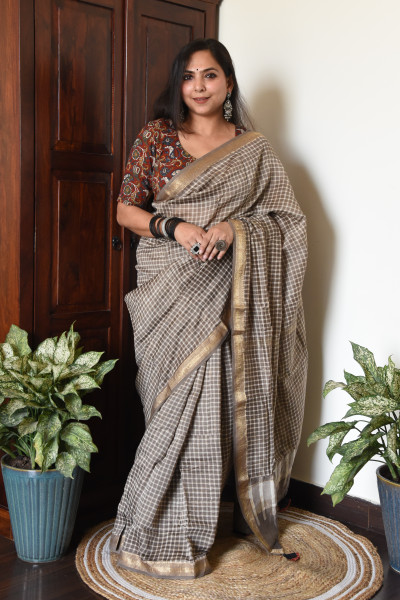 WARM GREY CHECK COTTON SILK SAREE