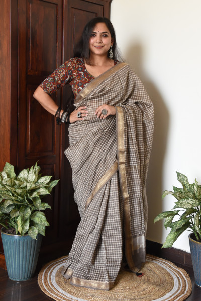 WARM GREY CHECK COTTON SILK SAREE