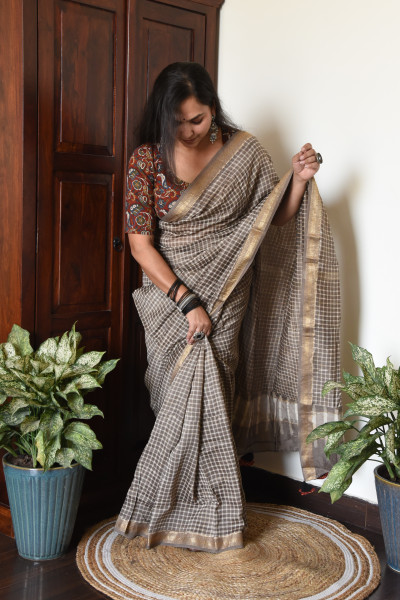 WARM GREY CHECK COTTON SILK SAREE