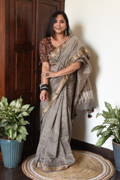 WARM GREY CHECK COTTON SILK SAREE