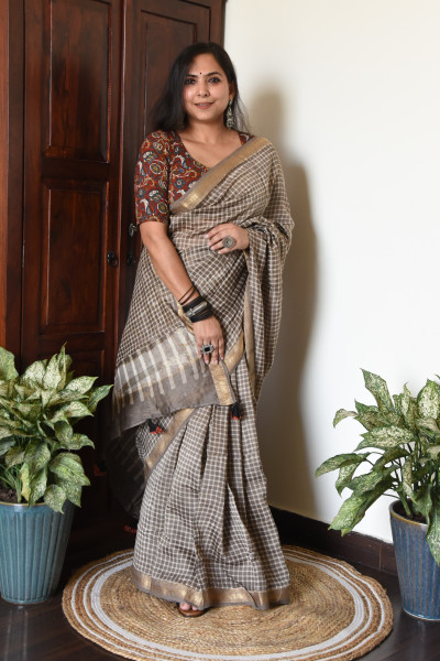 WARM GREY CHECK COTTON SILK SAREE