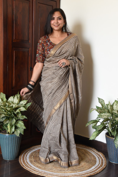 WARM GREY CHECK COTTON SILK SAREE