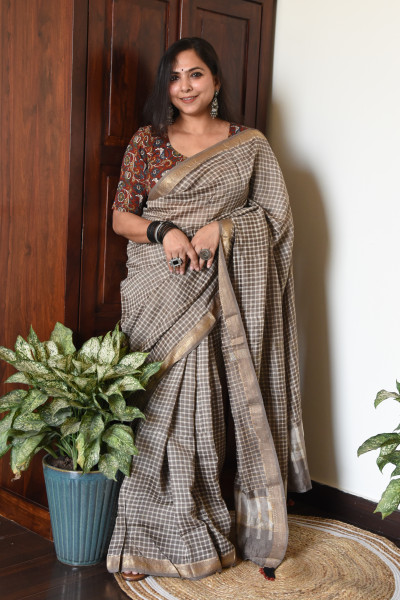 WARM GREY CHECK COTTON SILK SAREE