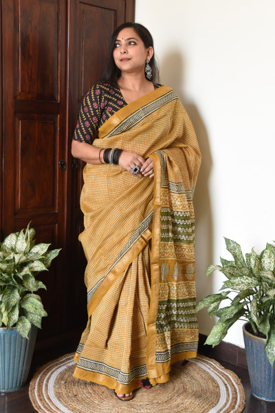 MUSTARD YELLOW GREEN COTTON SILK SAREE