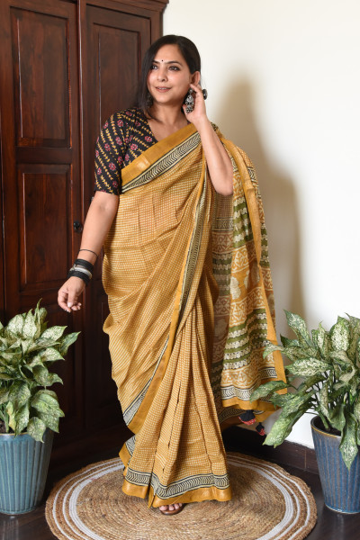 MUSTARD YELLOW GREEN COTTON SILK SAREE