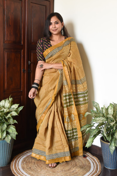 MUSTARD YELLOW GREEN COTTON SILK SAREE