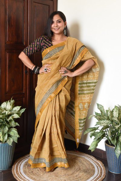 MUSTARD YELLOW GREEN COTTON SILK SAREE