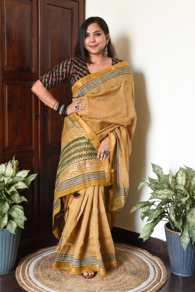 MUSTARD YELLOW GREEN COTTON SILK SAREE
