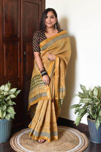 MUSTARD YELLOW GREEN COTTON SILK SAREE