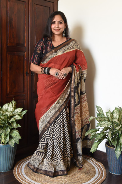 ZIG ZAG RED COTTON SILK SAREE