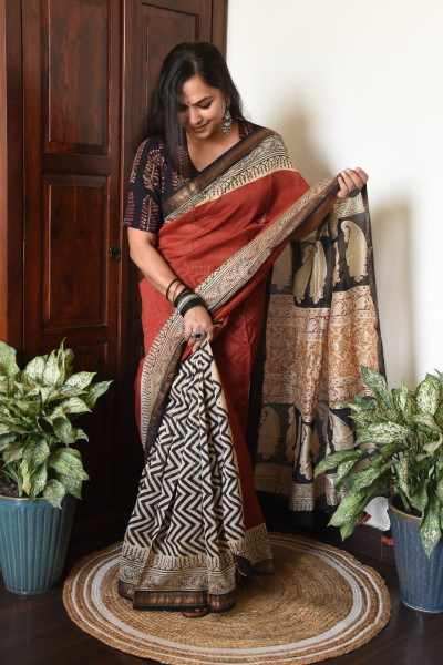 ZIG ZAG RED COTTON SILK SAREE
