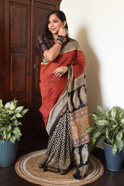 ZIG ZAG RED COTTON SILK SAREE