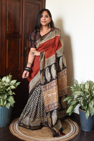 ZIG ZAG RED COTTON SILK SAREE