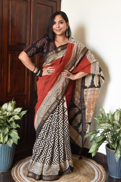 ZIG ZAG RED COTTON SILK SAREE