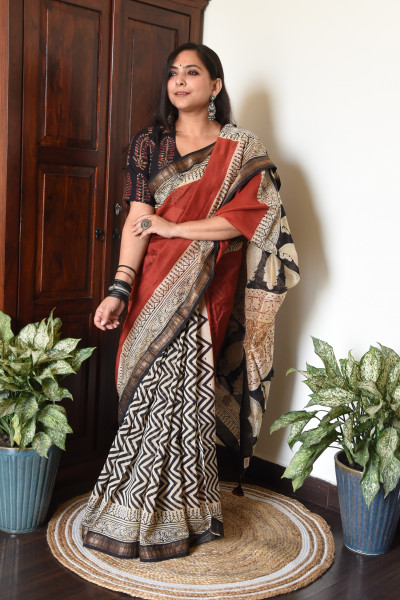 ZIG ZAG RED COTTON SILK SAREE
