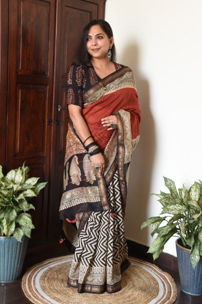 ZIG ZAG RED COTTON SILK SAREE
