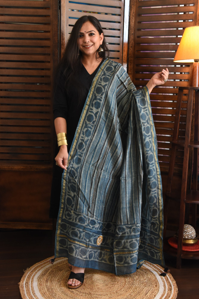 Image of INDIGO STRIPED VANASPATI COTTON SILK DUPATTA