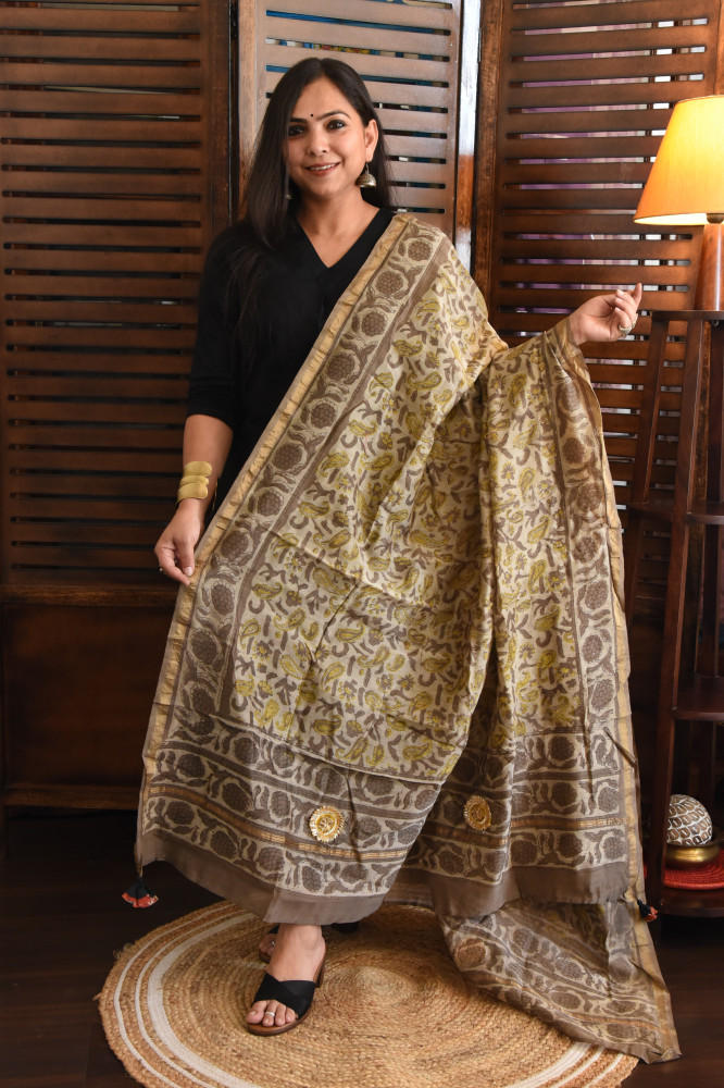 Image of PAISLEY DUSTY BEIGE - BROWN COTTON SILK DUPATTA