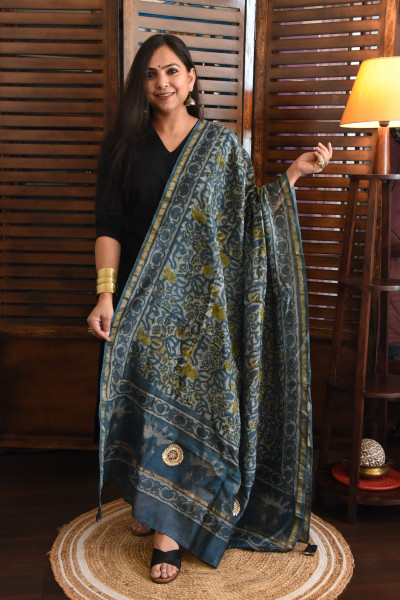 FLORAL INDIGO COTTON SILK DUPATTA